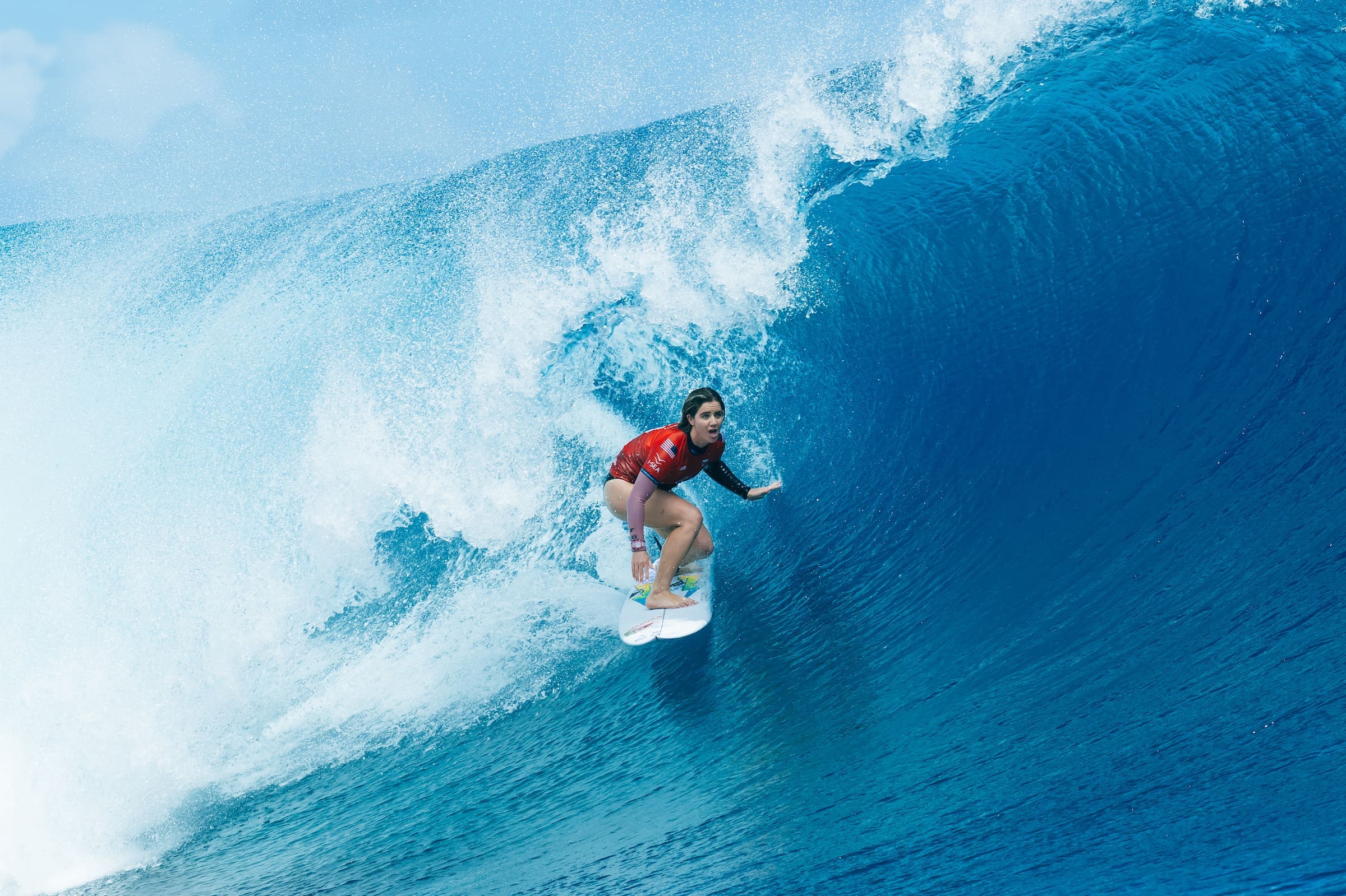 WSL Champion Caroline Marks of the United States surfs in Heat 4 of the Elimination Round at the Lexus Tahiti Pro on August 8, 2025