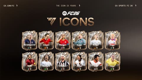 EA SPORTS FC 26 ICONs official reveal showing twelve legendary football players including Zlatan Ibrahimović, Alex Morgan, and other football icons