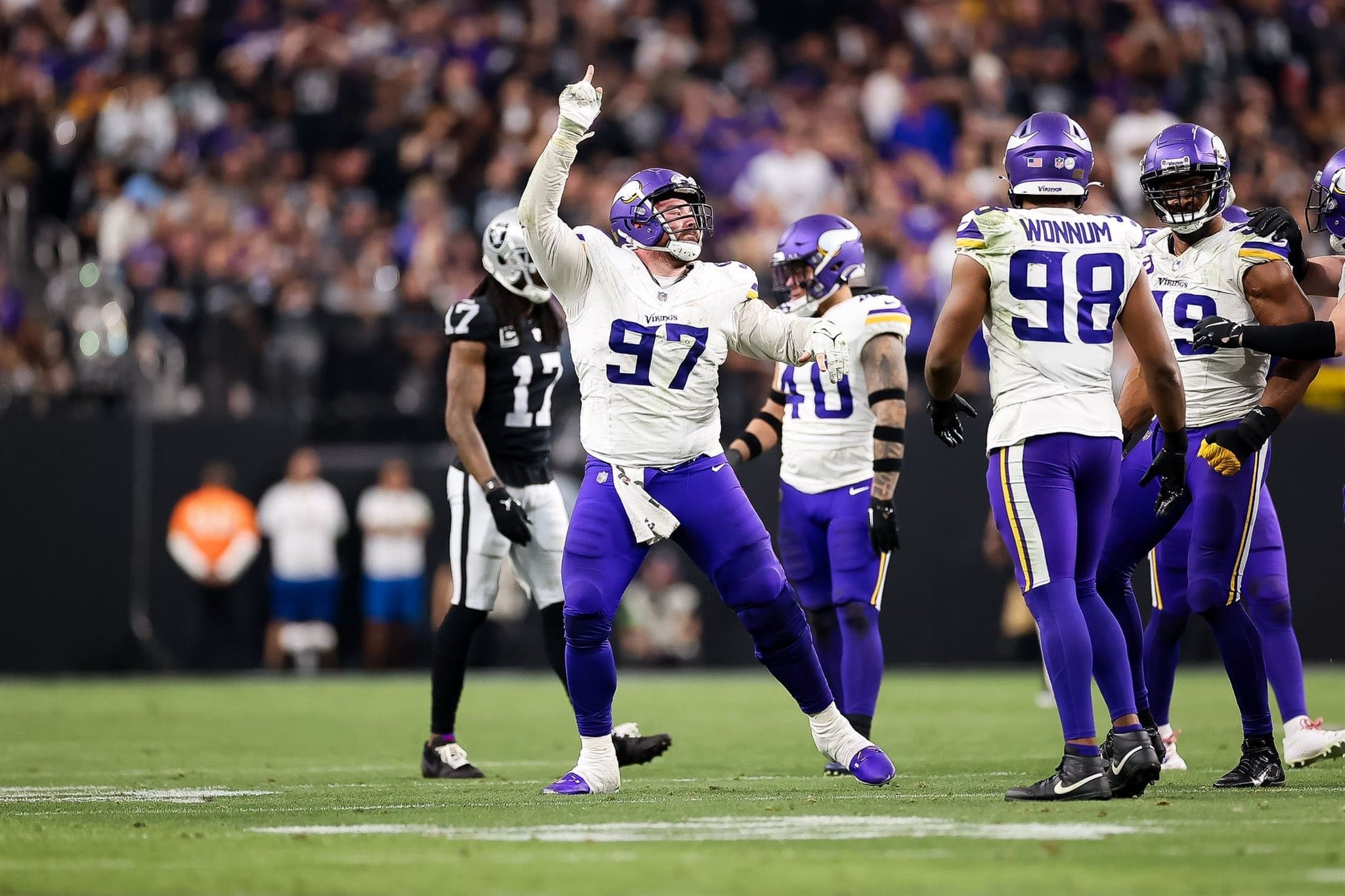 Harrison Phillips celebrates a defensive stop for Vikings.