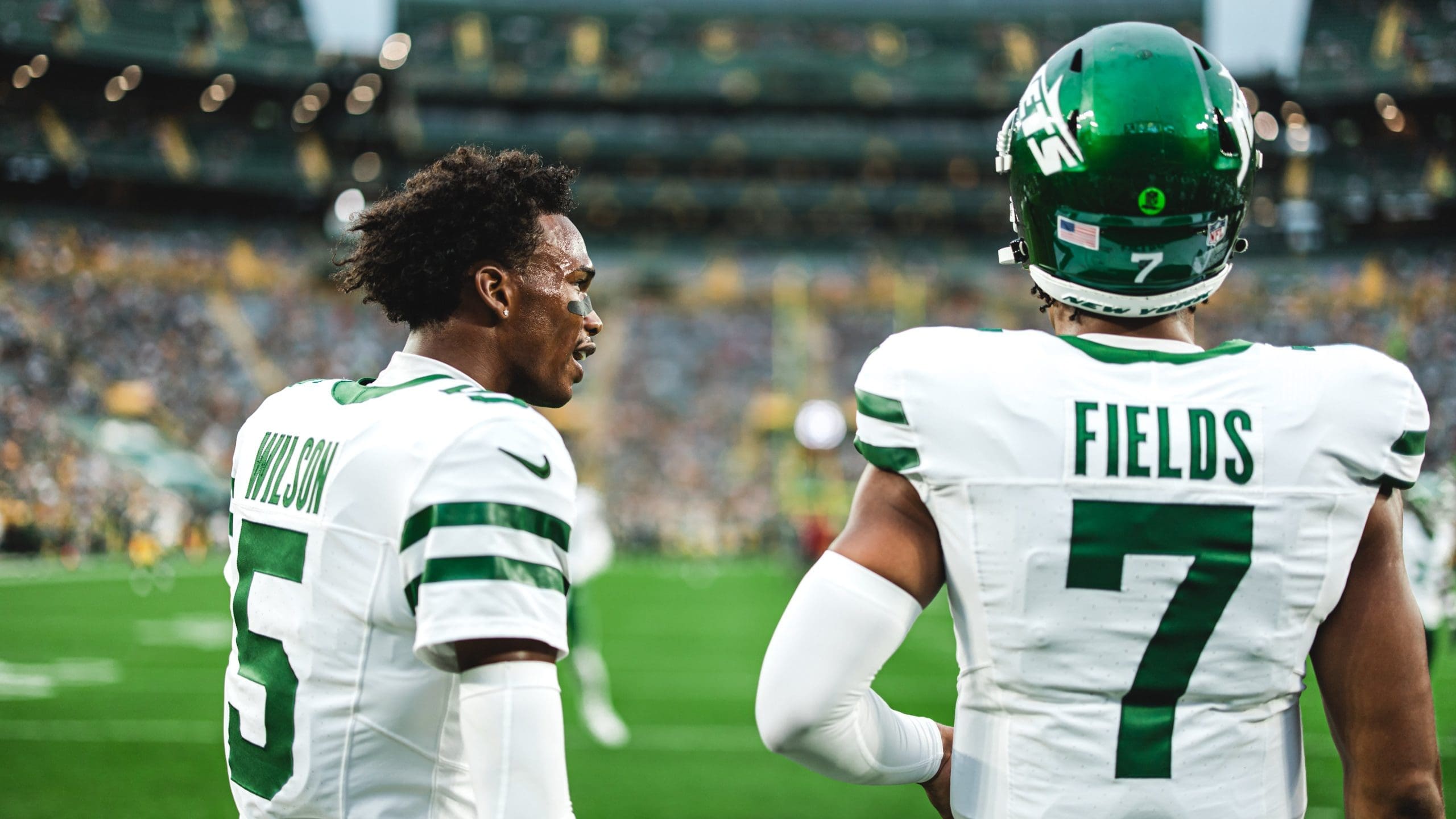 8/9/2025 Lambeau Field, Green Bay, WI. Garrett Wilson & Justin Fields reunited and ready to go against the Packers. Mandatory Credit NFL.com