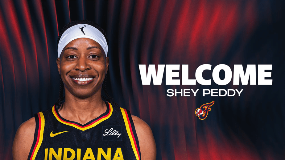 Image of Shey Peddy smiling, wearing an Indiana Fever basketball jersey, with a welcoming message in the background.