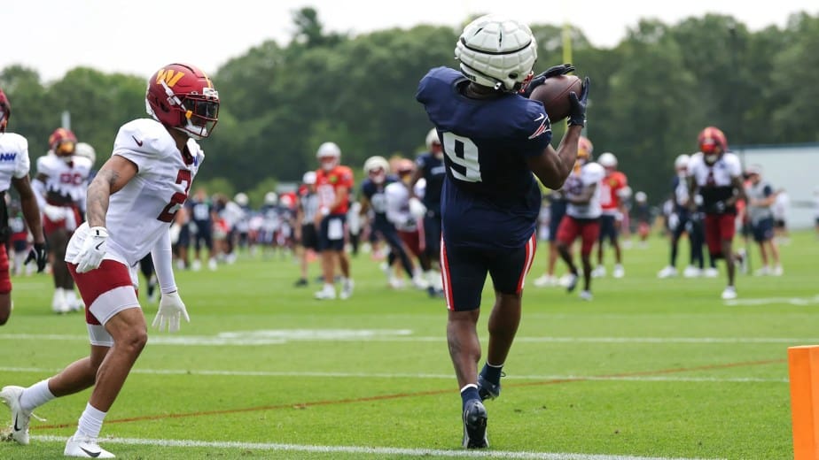 Patriots WR Kayshon Boutte makes a catch on Commanders corner back. 