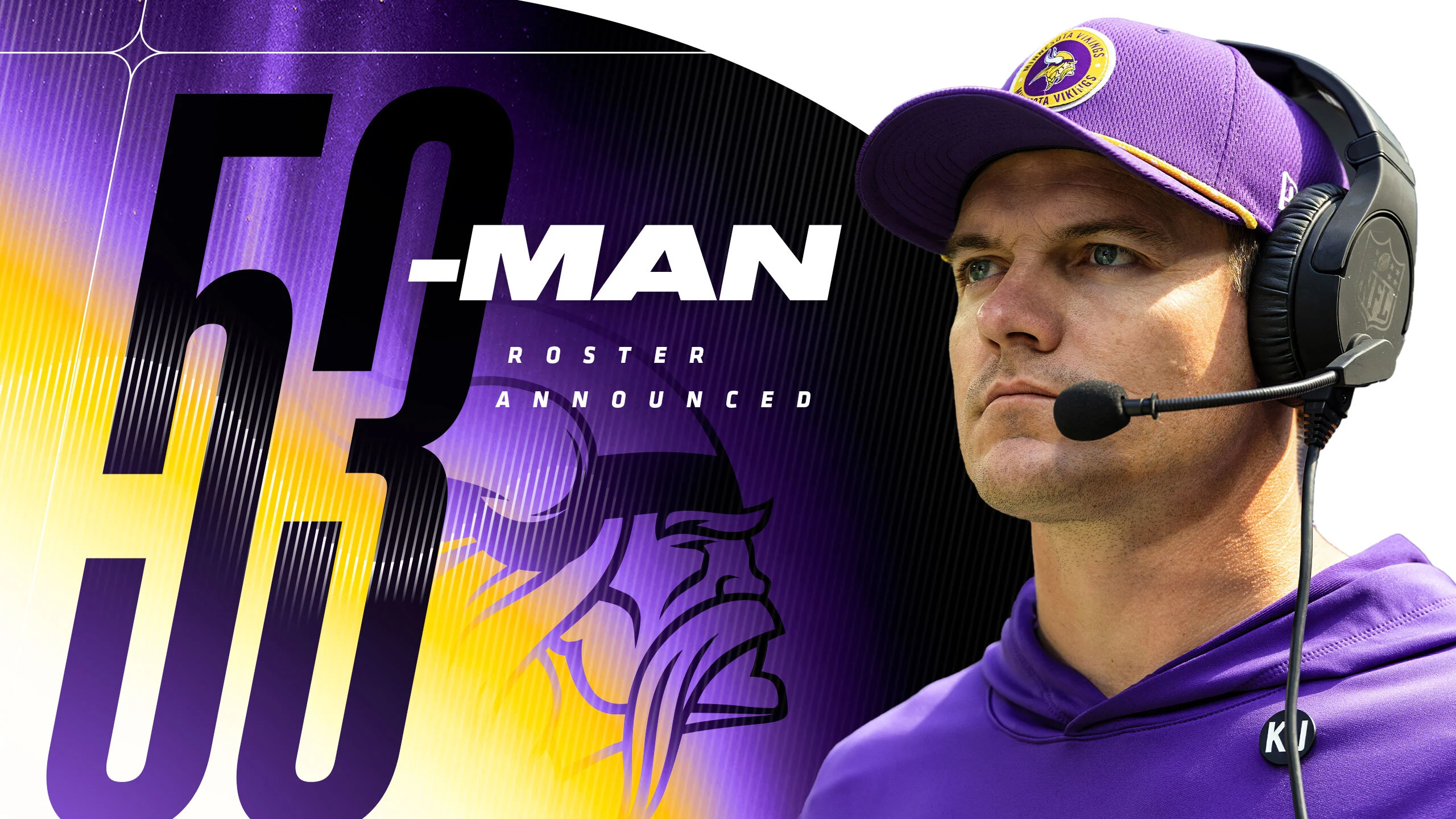 Minnesota Vikings 53-man roster graphic displaying player names and positions for 2025 NFL season with official team branding and purple color scheme