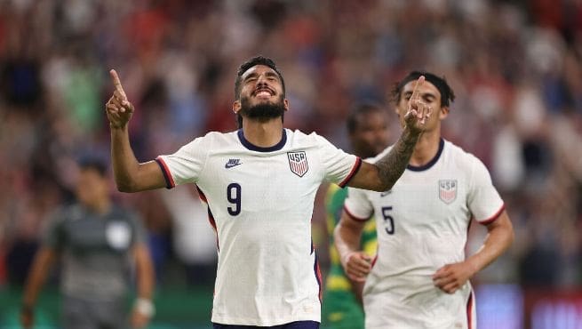 USMNT striker Jesús Ferreira (#9) celebrates by pointing to the sky after scoring one of his four goals against Grenada in the 5-0 CONCACAF Nations League victory at Q2 Stadium on June 10, 2022