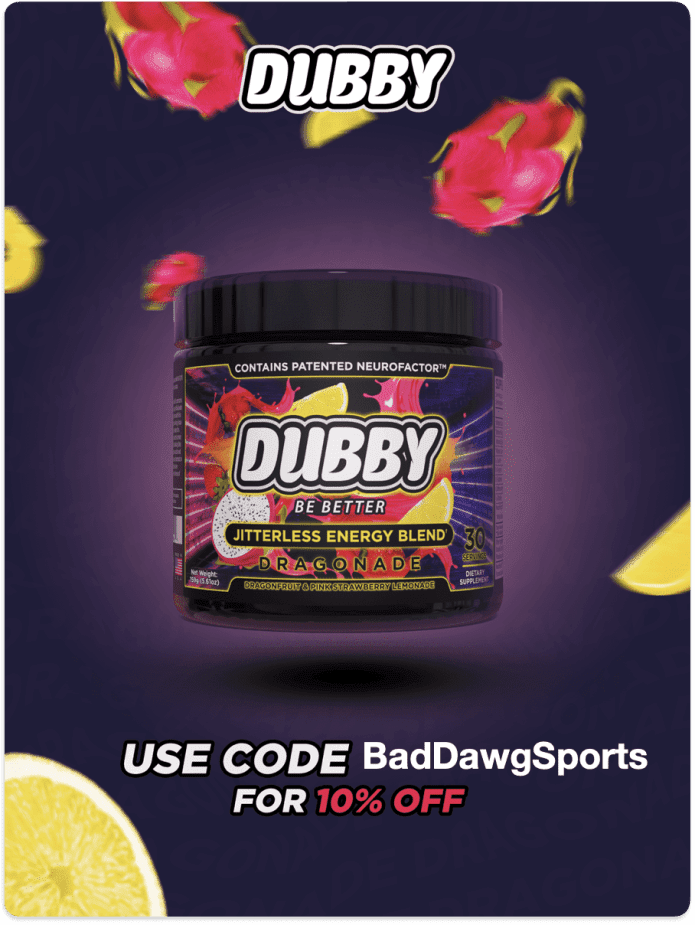Dubby Energy jitterless energy blend supplement container with dragon fruit flavor surrounded by tropical fruits and promotional discount code BadDawgSports