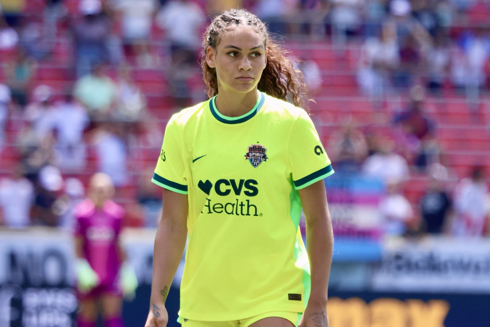 8/9/25, Harrison, New Jersey, Sports illustrated Stadium, Trinity Rodman (#2) of the Washington Spirit looks on during the NWSL match against NJ/NY Gotham FC.. Mandatory Credit: Jose Pichirilo/Bad Dawg Sports