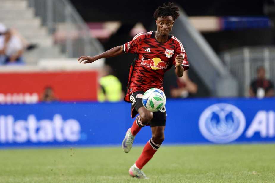 8/10/25, Harrison, New Jersey, Sports illustrated Stadium #37 Mohamed Sofo of the New York Red Bulls hustles for the ball during the second half against Real Salt Lake.Mandatory Credit: Jose Pichirilo/Bad Dawg Sports
