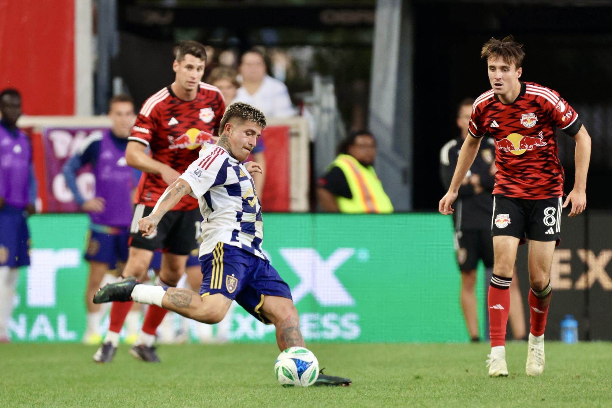 8/10/25, Harrison, New Jersey, Sports illustrated Stadium, #8 Diego Luna of Real Salt Lake lines up a shot in the second half against the New York Red Bulls. Mandatory Credit: Jose Pichirilo/Bad Dawg Sports