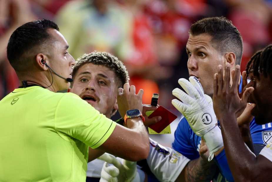 8/10/25, Harrison, New Jersey, Sports illustrated Stadium, Diego Luna of Real Salt Lake and teammate react after Luna receives his second yellow card during the first half against the New York Red Bulls.Mandatory Credit: Jose Pichirilo/Bad Dawg Sports