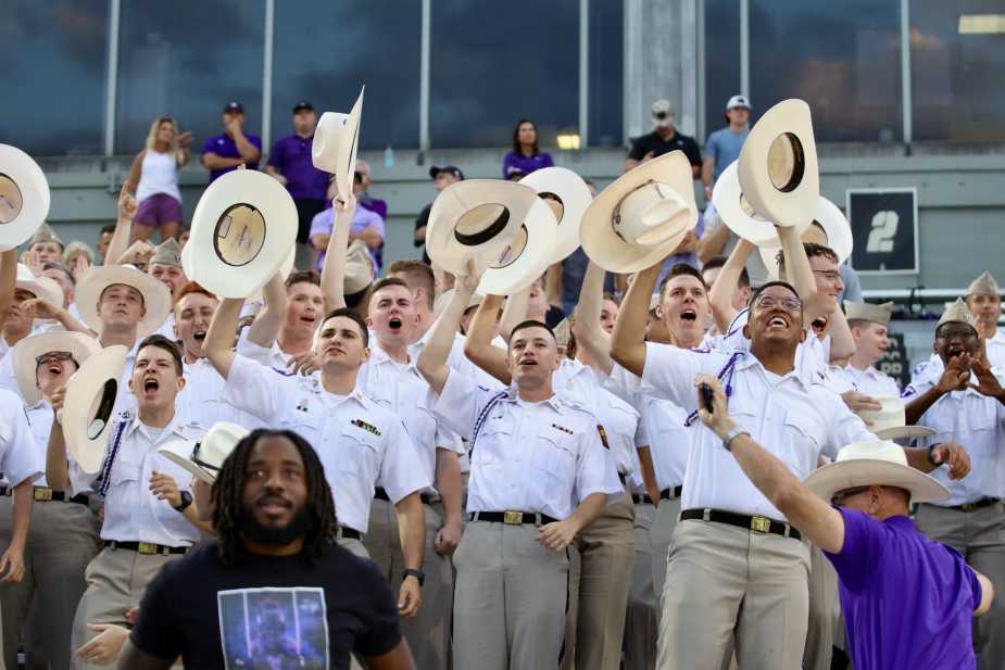 8/28/25, West Point, New York, Michie Stadium, Tarleton State Texans fans cheer after a successful field goal against the Army Black Knights. Mandatory Credit: Jose Pichirilo/Bad Dawg Sports