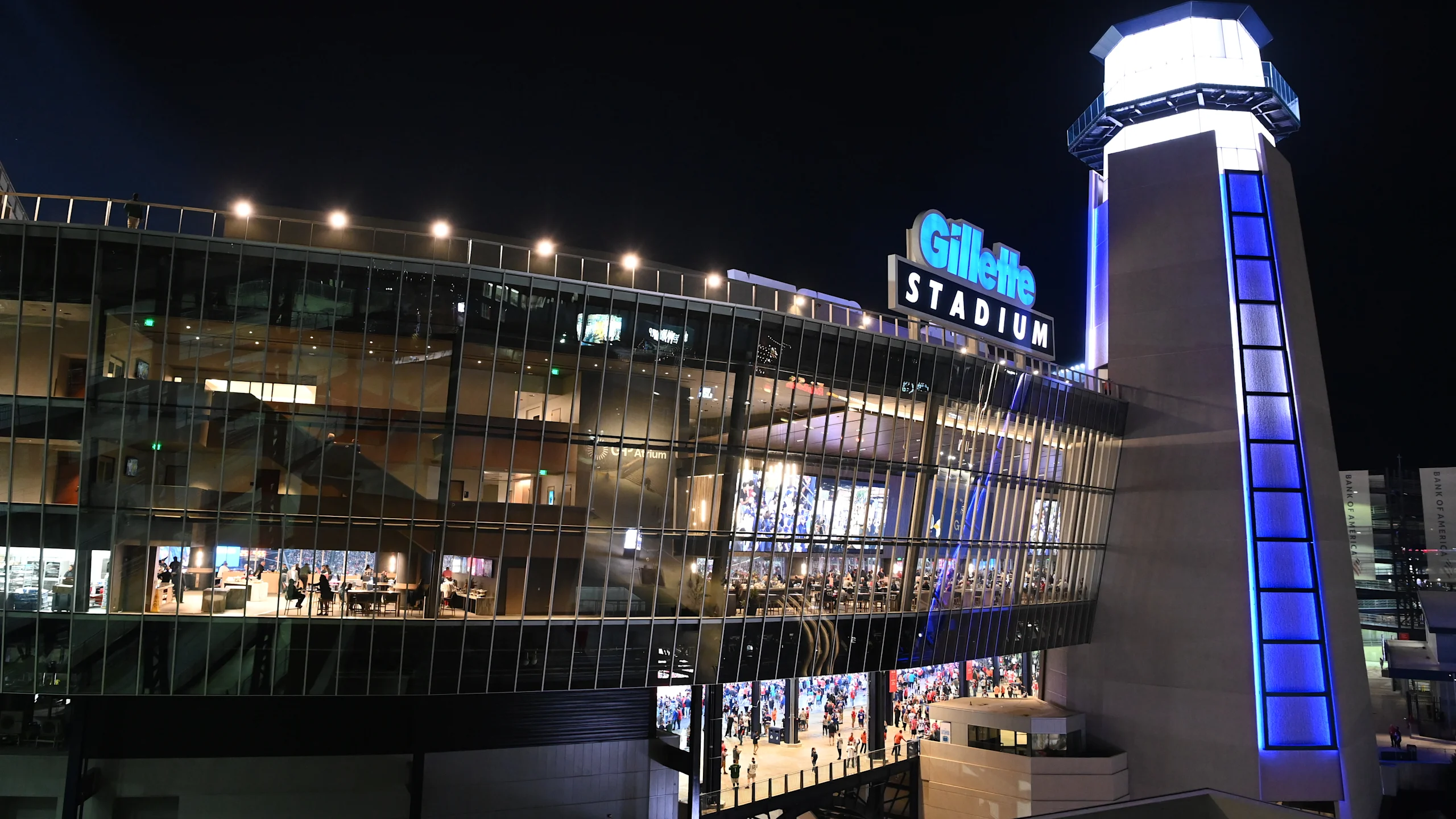Gillette Stadium at Patriot Place lit up at night. Credit: New England Patriots