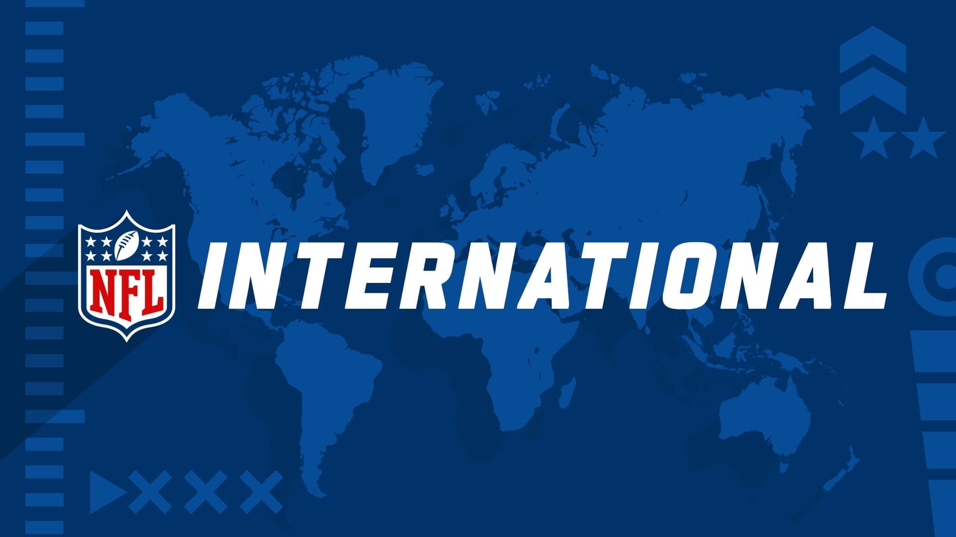 NFL International logo featuring the official NFL shield with red, white and blue design overlaid on blue world map background