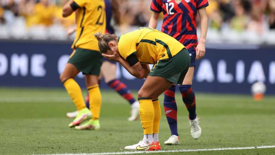 Kyah Simon can't believe she didn't score after missing an opportunity inside the six-yard box.