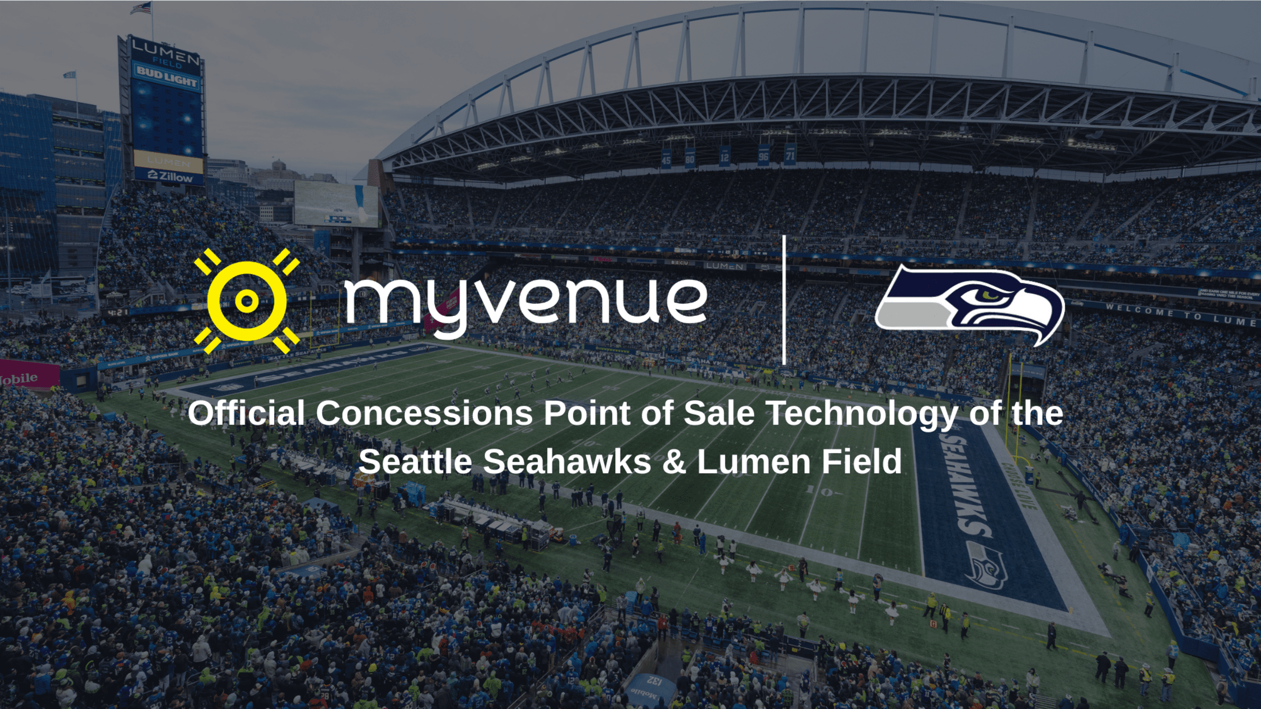 Aerial view of packed Lumen Field stadium with MyVenue and Seattle Seahawks logos displaying partnership as Official Concessions Point of Sale Technology