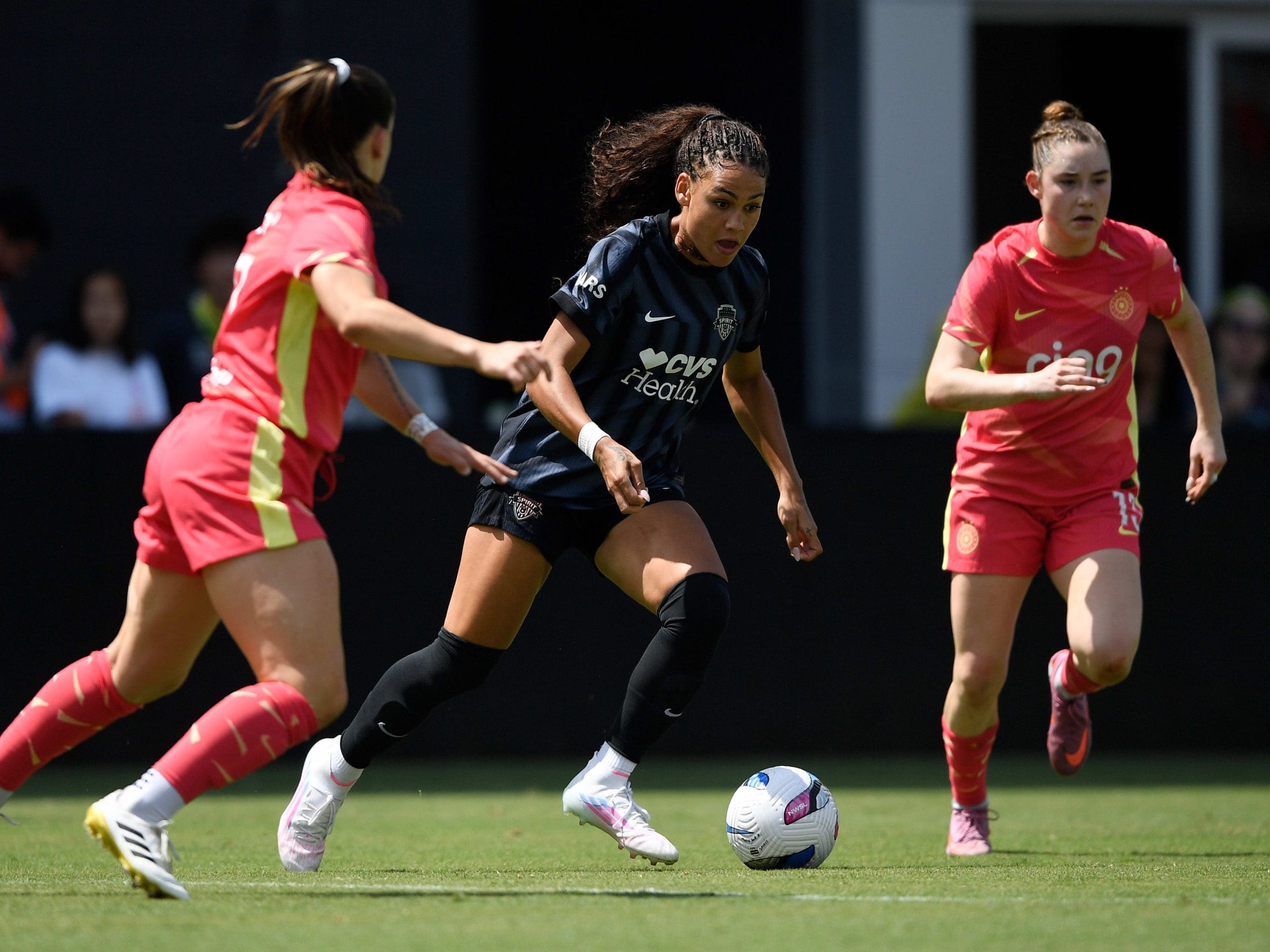 Trinity Rodman #2 of Washington Spirit controls the ball during the NWSL match between Washington Spirit and Portland Thorns at Audi Field on August 03, 2025 in Washington, DC. (Photo by Hannah Foslien/via Getty Images)