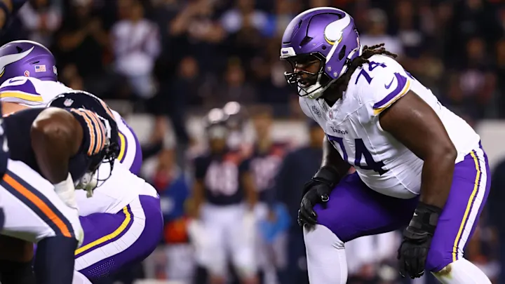 Minnesota Vikings rookie guard Donovan Jackson #67 in uniform during his impressive debut season showing the toughness that led him to play through a wrist injury
