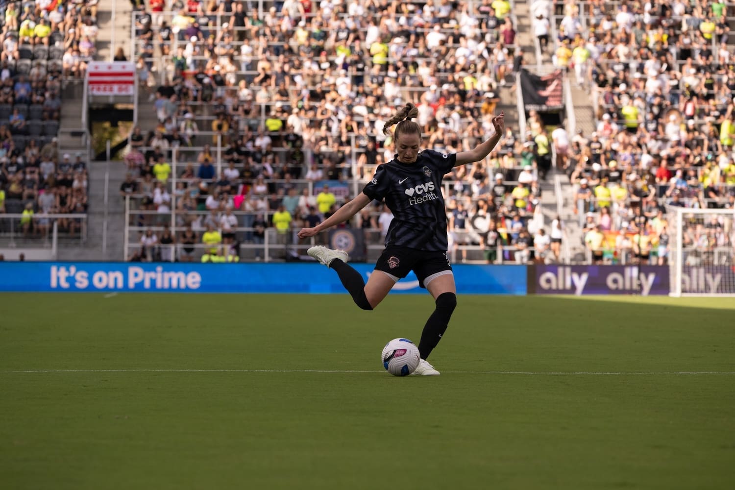 Paige Metayer of Washington Spirit striking the ball during Pride match against Chicago Stars FC at Audi Field