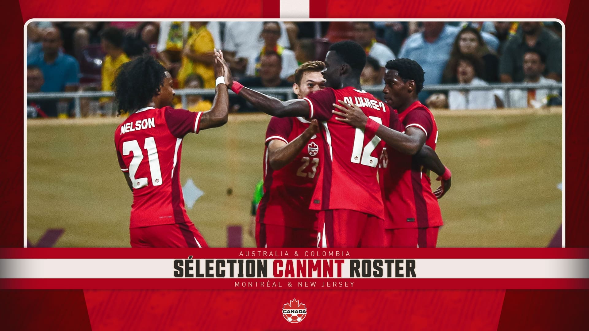 Canadian Men's National Team players in red jerseys celebrating together on the soccer field, high-fiving and embracing after a goal