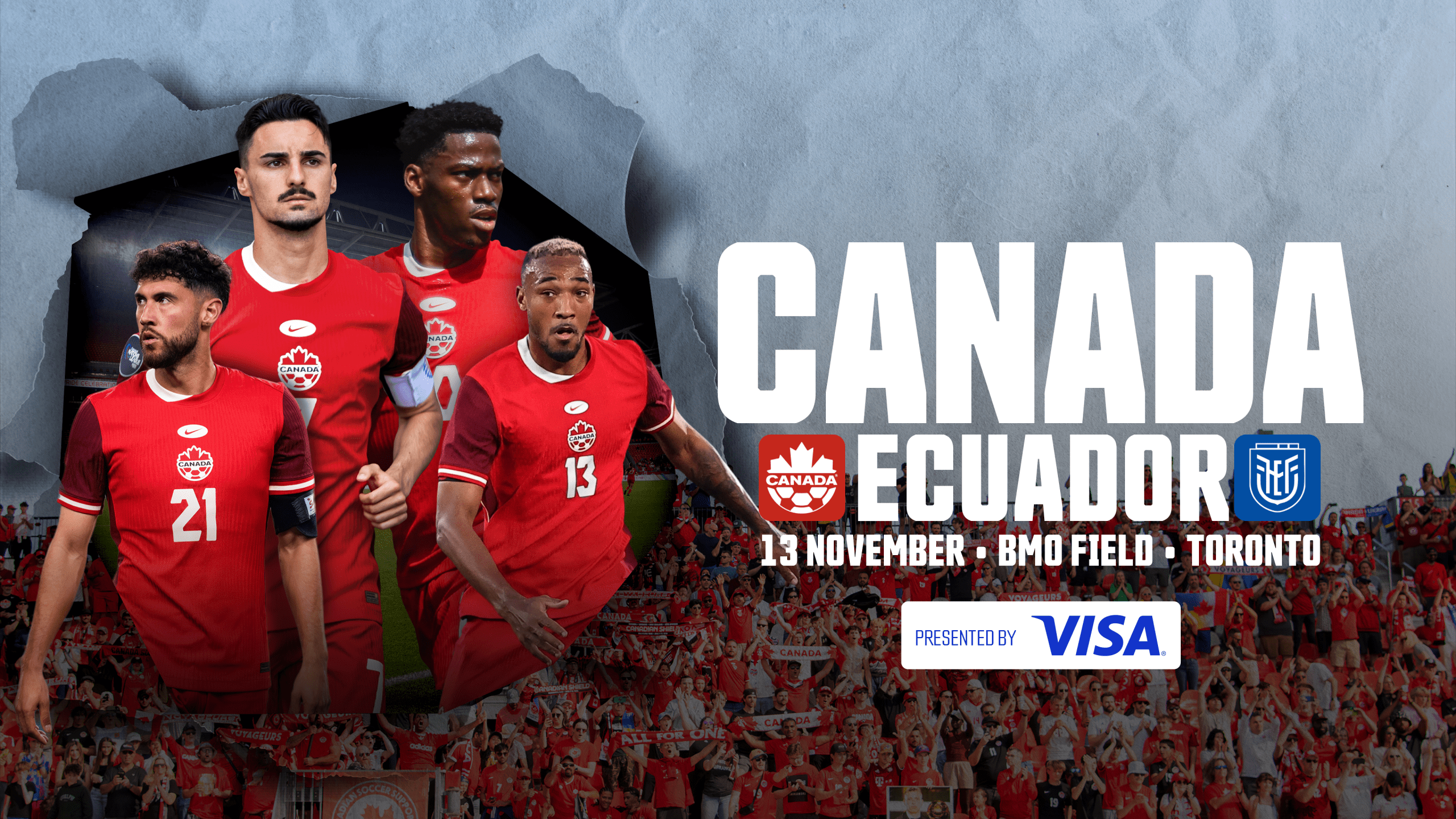 Canada national soccer team players in red jerseys promotional graphic for international friendly against Ecuador at BMO Field