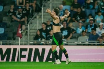 9/17/2025 Allianz Field, St. Paul, MN C.J. Fodrey Celebrates his game winning goal. Mandatory Credit: Austin FC