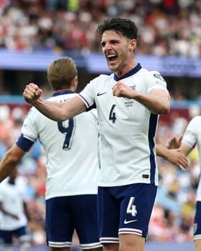 9/6/2025 Villa Park, Birmingham, England Declan Rice Celebrates his goal. Mandatory Credit UEFA.com