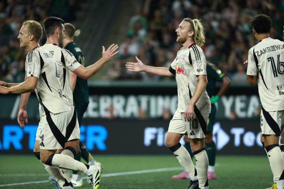 9/13/2025 Providence Park, Portland OR. Emil Forsberg celebrates his goal Mandatory Credit New York Red Bulls