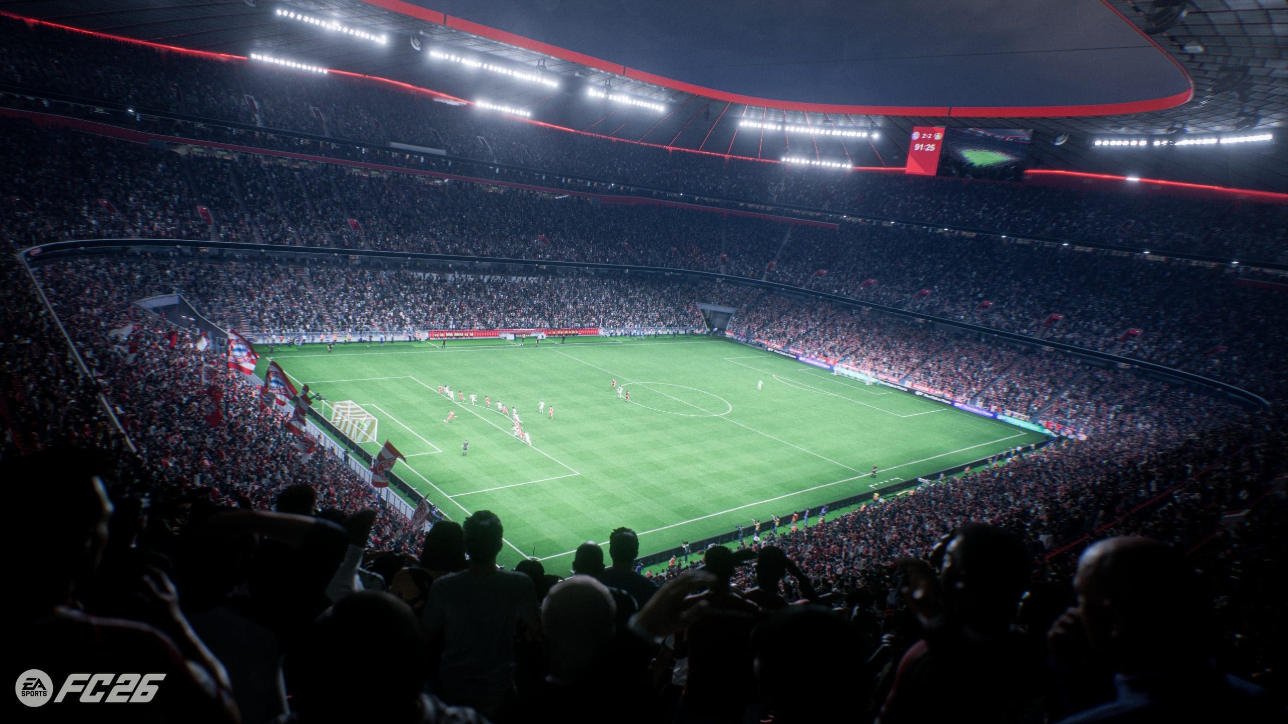 Allianz Arena stadium rendered in EA SPORTS FC 26 video game showing FC Bayern Munich home venue