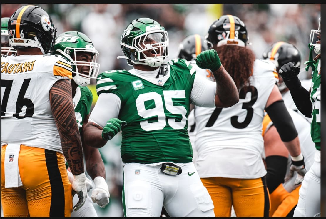 9/7/2025 MetLife Stadium, East Rutherford, NJ Quinnen Williams After he sacked Aaron Rodgers Mandatory Credit New York Jets