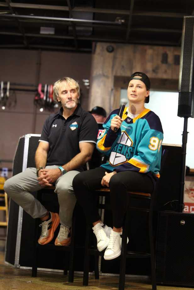 New York Sirens GM Pascal Daoust and draft pick during Q&A session with microphone