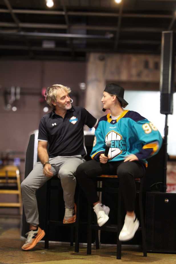 New York Sirens GM Pascal Daoust and draft pick Kristyna Kaltounkova looking at each other during Q&A session