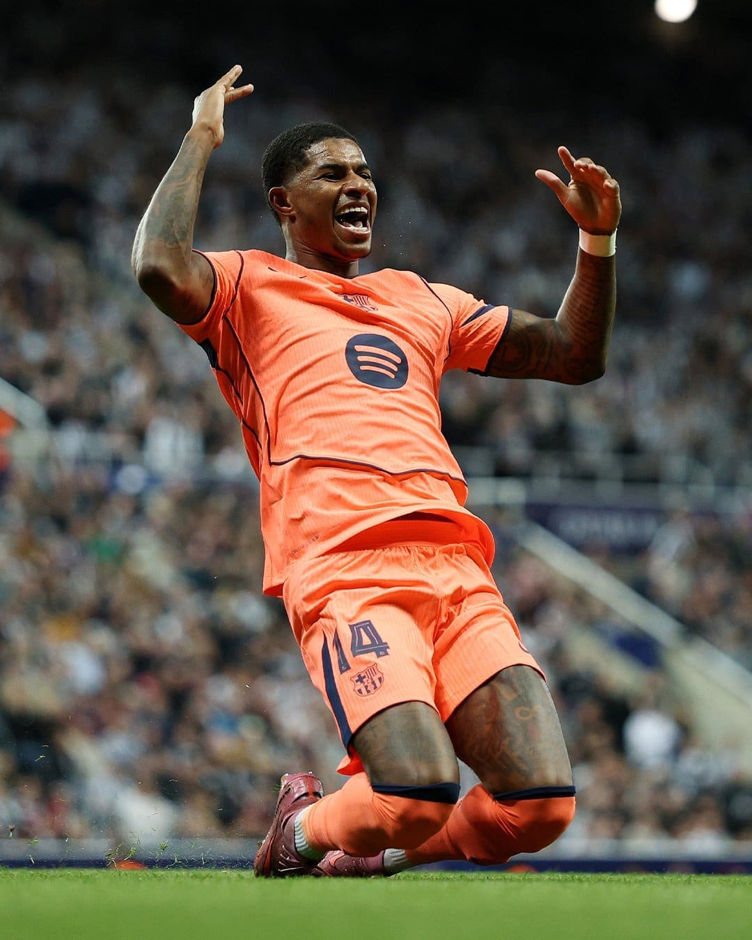9/18/2025 St. James Park, Newcastle Upon Tyne, England. Marcus Rashford second goal celebration Mandatory Credit: UEFA.com