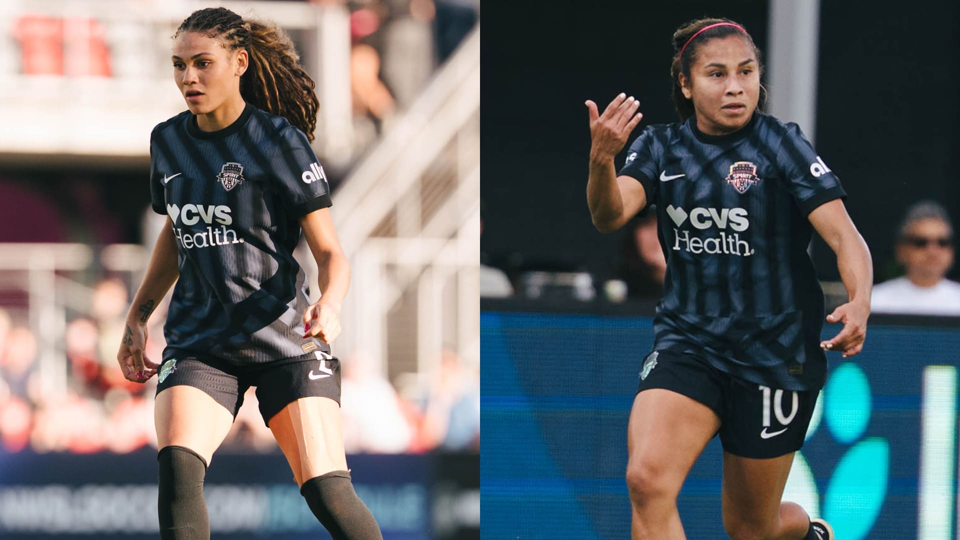 Split image showing Washington Spirit players Trinity Rodman and Leicy Santos in their dark blue away uniforms during NWSL action, both players captured mid-run on the field