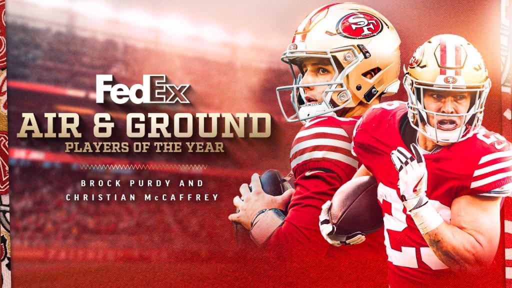 San Francisco 49ers quarterback Brock Purdy and running back Christian McCaffrey featured in FedEx Air & Ground Players of the Year promotional graphic