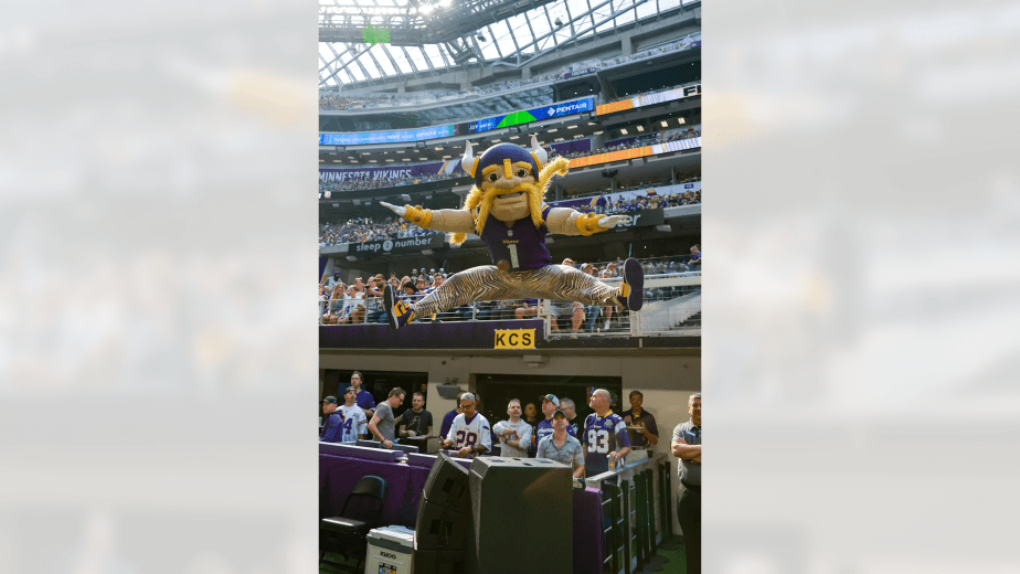 Viktor the Minnesota Vikings mascot performs an aerial split celebration after a Vikings touchdown during the 48-10 victory over Cincinnati