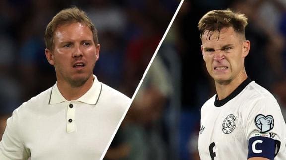 Split-screen image of two sports analysts discussing Germany's World Cup qualifying loss to Slovakia