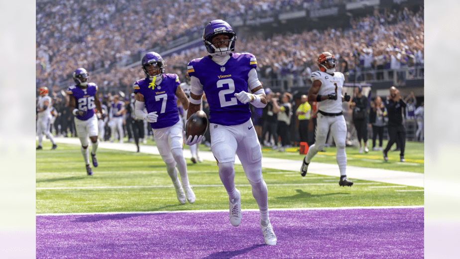 Minnesota Vikings cornerback Isaiah Rodgers #2 returns an interception to the house for a touchdown during the historic 48-10 victory over Cincinnati Bengals