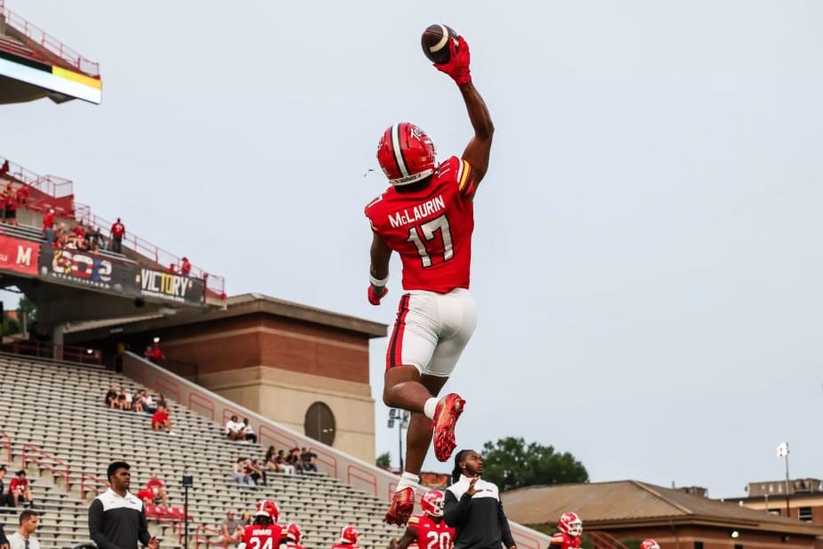 Maryland wide receiver #17 Josiah McLaurin makes a spectacular one-handed leaping catch during pre-game warmups at SECU Stadium, with the football secured high above his head