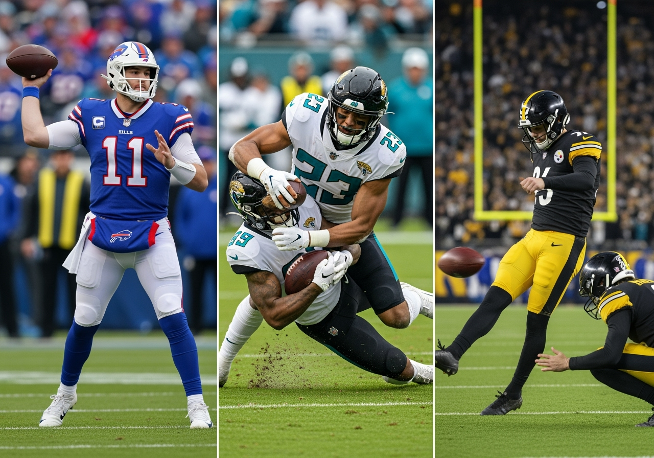 NFL Week 1 Players of the Week - Josh Allen throwing a pass, Foyesade Oluokun making a defensive play, Chris Boswell kicking a field goal