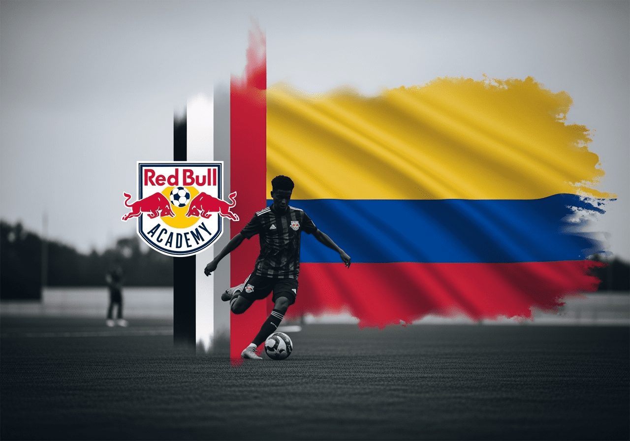 Memorial tribute silhouette of young soccer player with Colombian flag and New York Red Bulls Academy logo