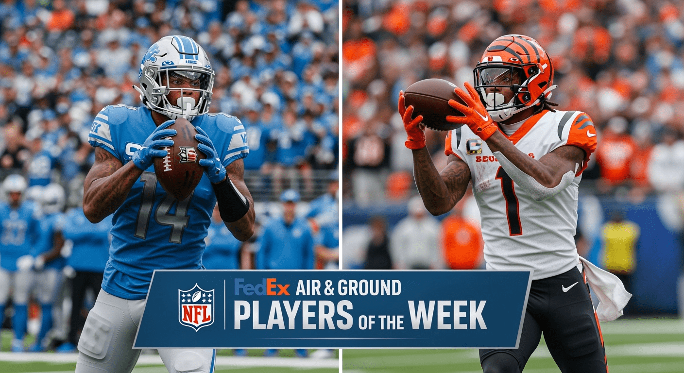 FedEx Air & Ground Week 2 Players of the Week: Amon-Ra St. Brown (Lions) and Ja'Marr Chase (Bengals) in action with official award banner
