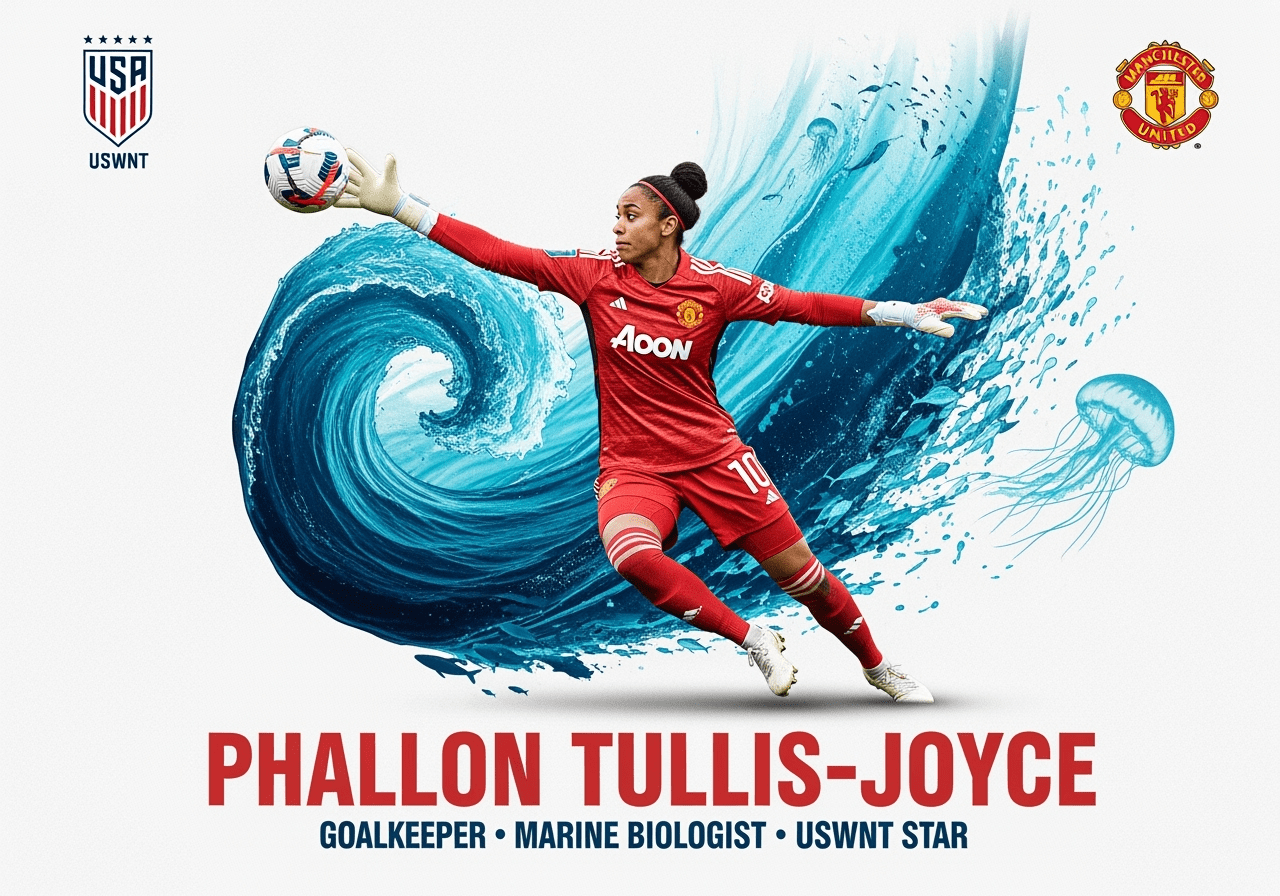 Phallon Tullis-Joyce in Manchester United red goalkeeper jersey, diving mid-save with ocean waves and marine biology elements in background, representing her dual identity as professional soccer goalkeeper and marine scientist