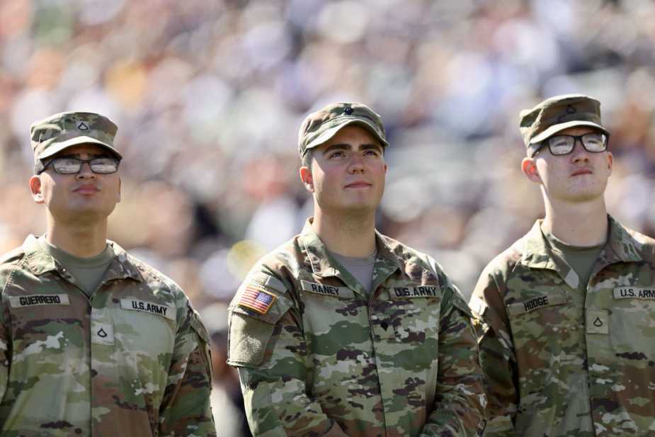 9/20/25, West Point , New York , Michie Stadium, An Army cadet looks on at the video board during a presentation at the Army vs. North Texas game. Mandatory Credit: Jose Pichirilo. Bad Dawg Sports