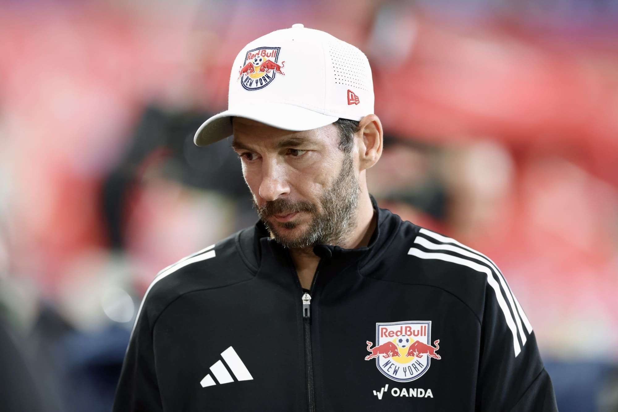 9/27/25, Harrison , New Jersey , Sports Illustrated Stadium, Red Bulls head coach Sandro Schwarz makes his way to the bench before the match begins. Mandatory Credit: Jose Pichirilo. Bad Dawg Sports