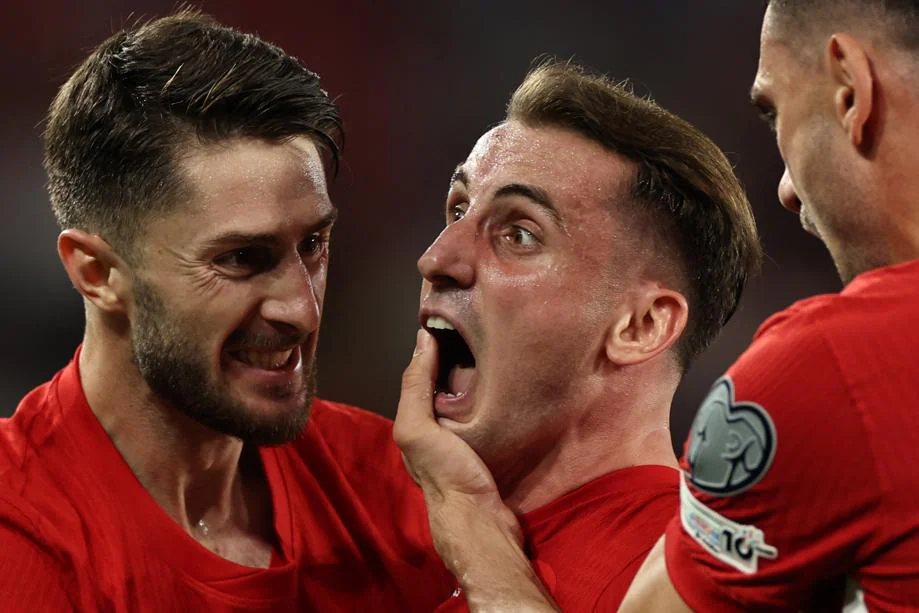 Turkey national team players celebrate goal during World Cup qualifying match against Georgia in Tbilisi