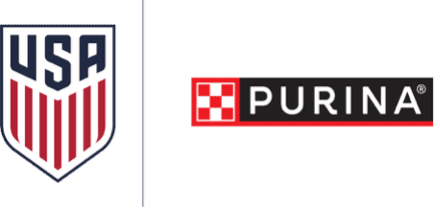 U.S. Soccer Federation and Purina logos side by side announcing historic pet care partnership through 2030