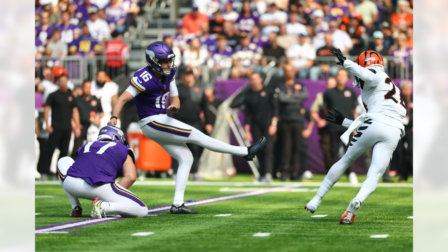 Minnesota Vikings kicker Will Reichard #16 follows through on his record-setting 62-yard field goal attempt against Cincinnati Bengals