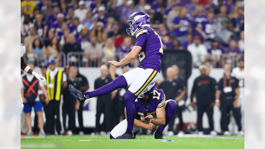 Minnesota Vikings kicker Will Reichard attempts a field goal during the team's Week 2 Sunday Night Football game against the Atlanta Falcons at U.S. Bank Stadium
