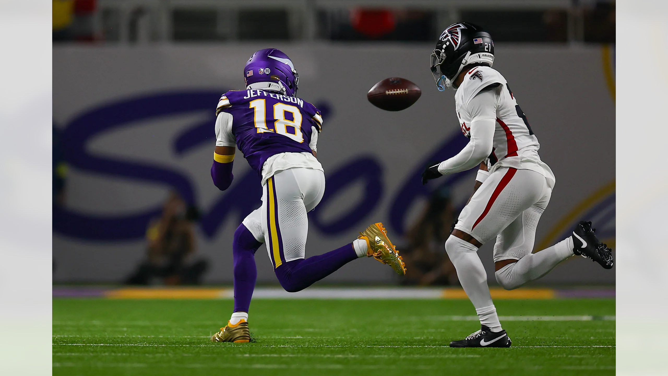 Minnesota Vikings wide receiver Justin Jefferson makes his historic 500th career reception during the team's Week 2 Sunday Night Football game against the Atlanta Falcons at U.S. Bank Stadium