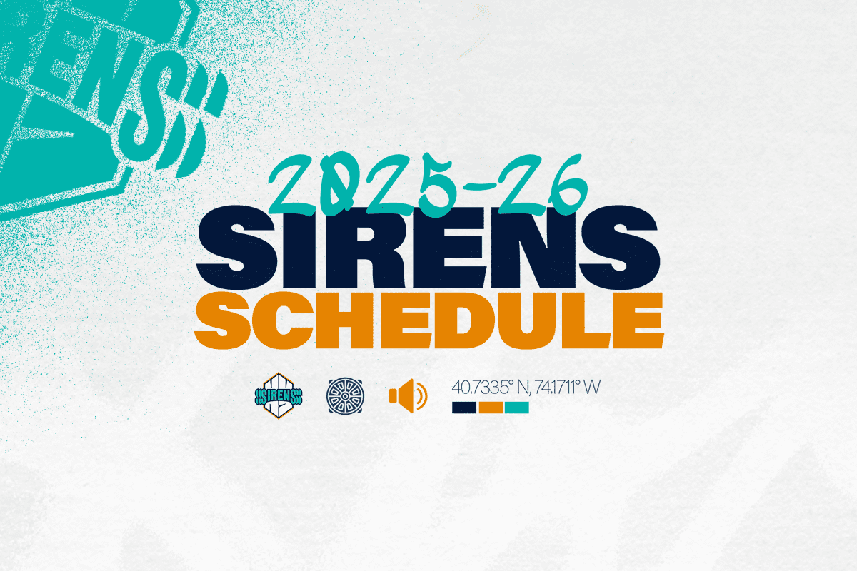 2025-26 New York Sirens hockey schedule graphic with team logo, featuring teal, navy, and orange color palette and geographic coordinates
