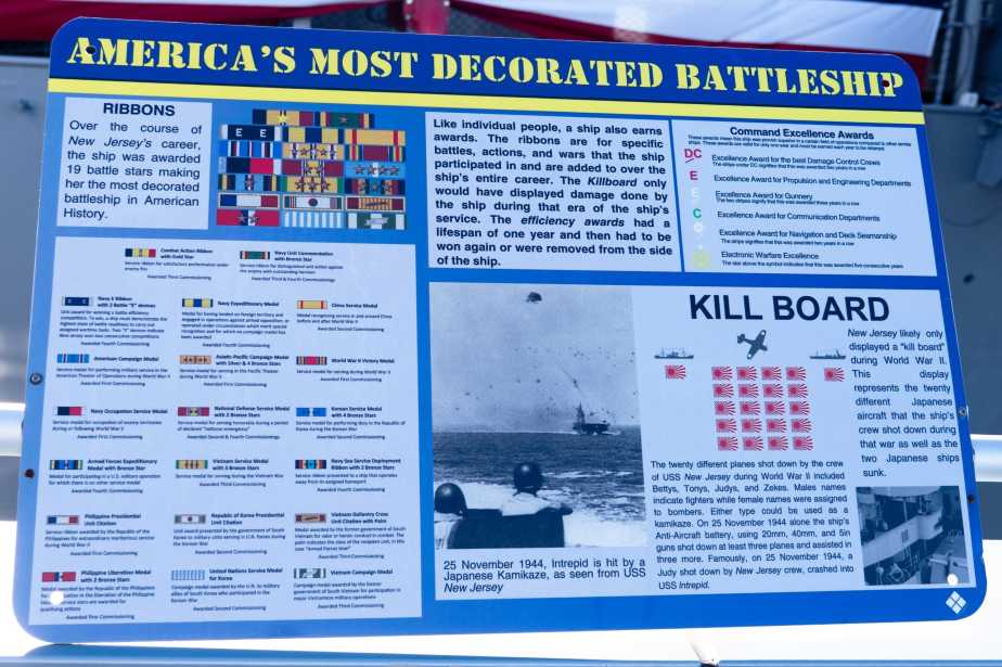 Informational plaque aboard USS New Jersey detailing America's Most Decorated Battleship ribbons, battle stars, and kill board showing 20 Japanese aircraft shot down during World War II.
